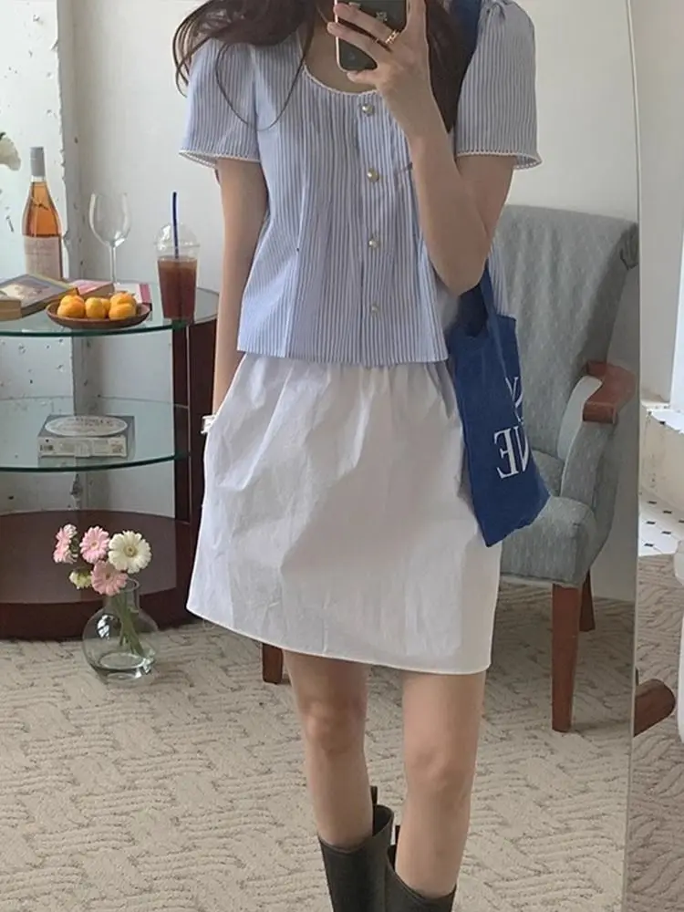 Blusas Femininas Elegantes Blouse Women Doll Top Blue Striped Square Neck Shirt Short Sleeved Shirts Ropa Korean New 2024