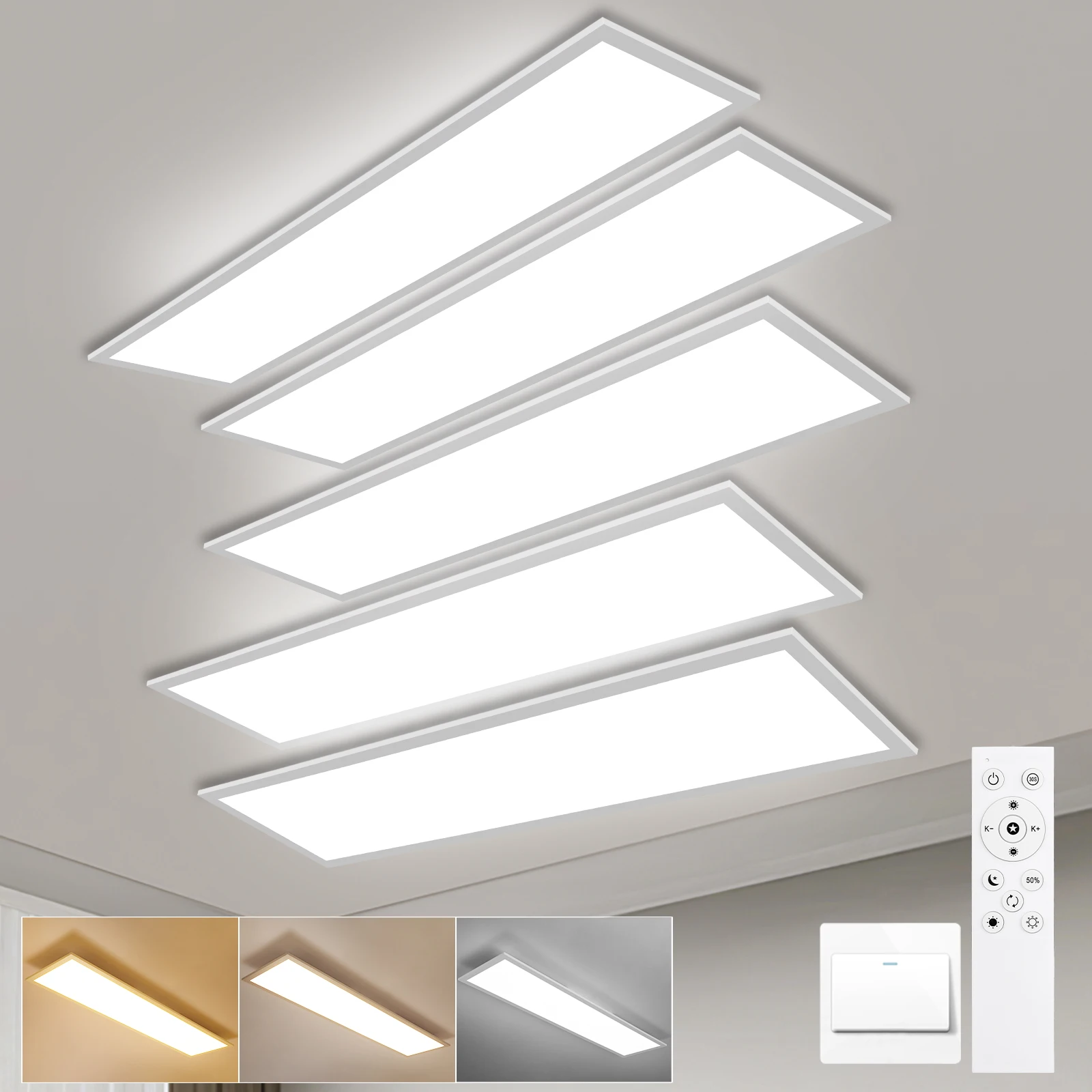 5 pannelli LED da incasso per soffitto, 120x30 cm, 40 W, 4400 lumen, con funzione di regolazione dell'intensità luminosa tramite telecomando, temperatura colore 3000K-6500K, funzione di