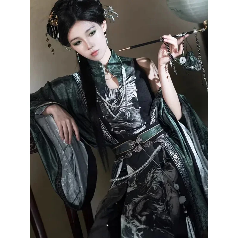 

New Chinese Style National Style Han Elements Printing Song Pants Tops Blackish Green Outer Shirt Hanfu Suit Cos Cosplay