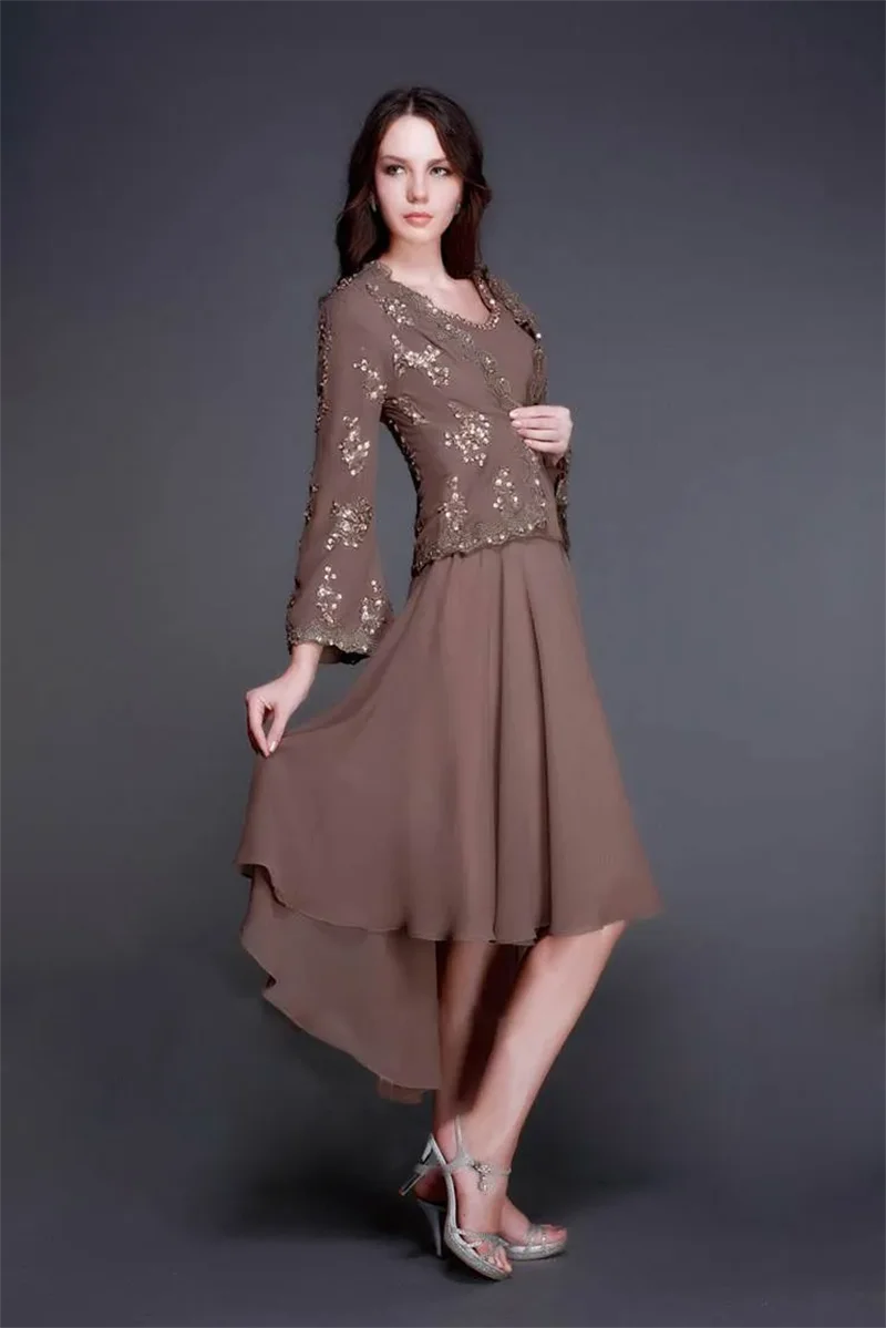 Elegant Brown High Mother Of The Bride Dresses With Jackets Sequined Jewel Neck Evening Gowns Appliqued Chiffon Wedding Dress