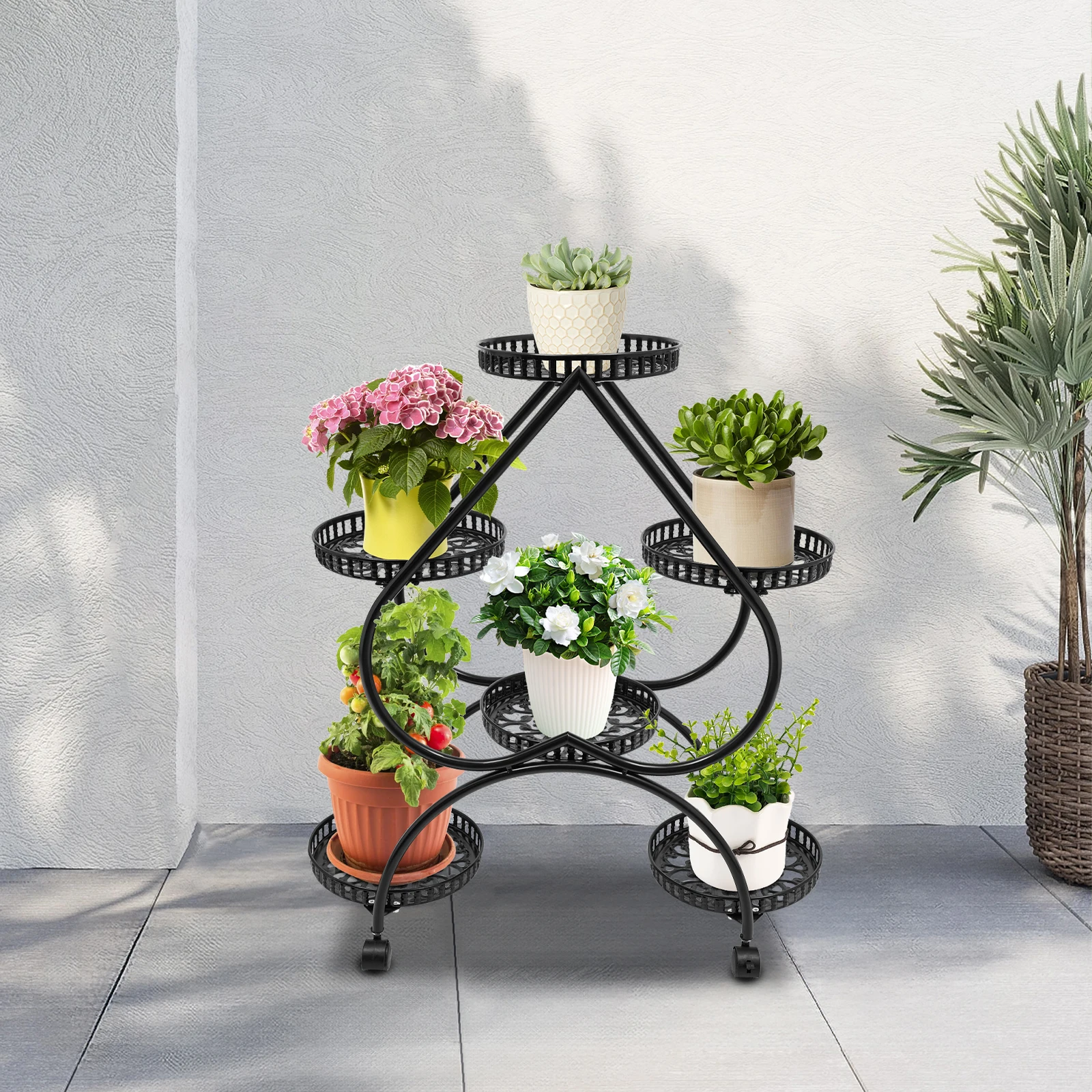 6 Potted Metal Plant Stand Heart-shaped Flower Pot Stand 6 Trays Plant Display Rack Plants Holder w/ 4 Universal Wheels - Image 3