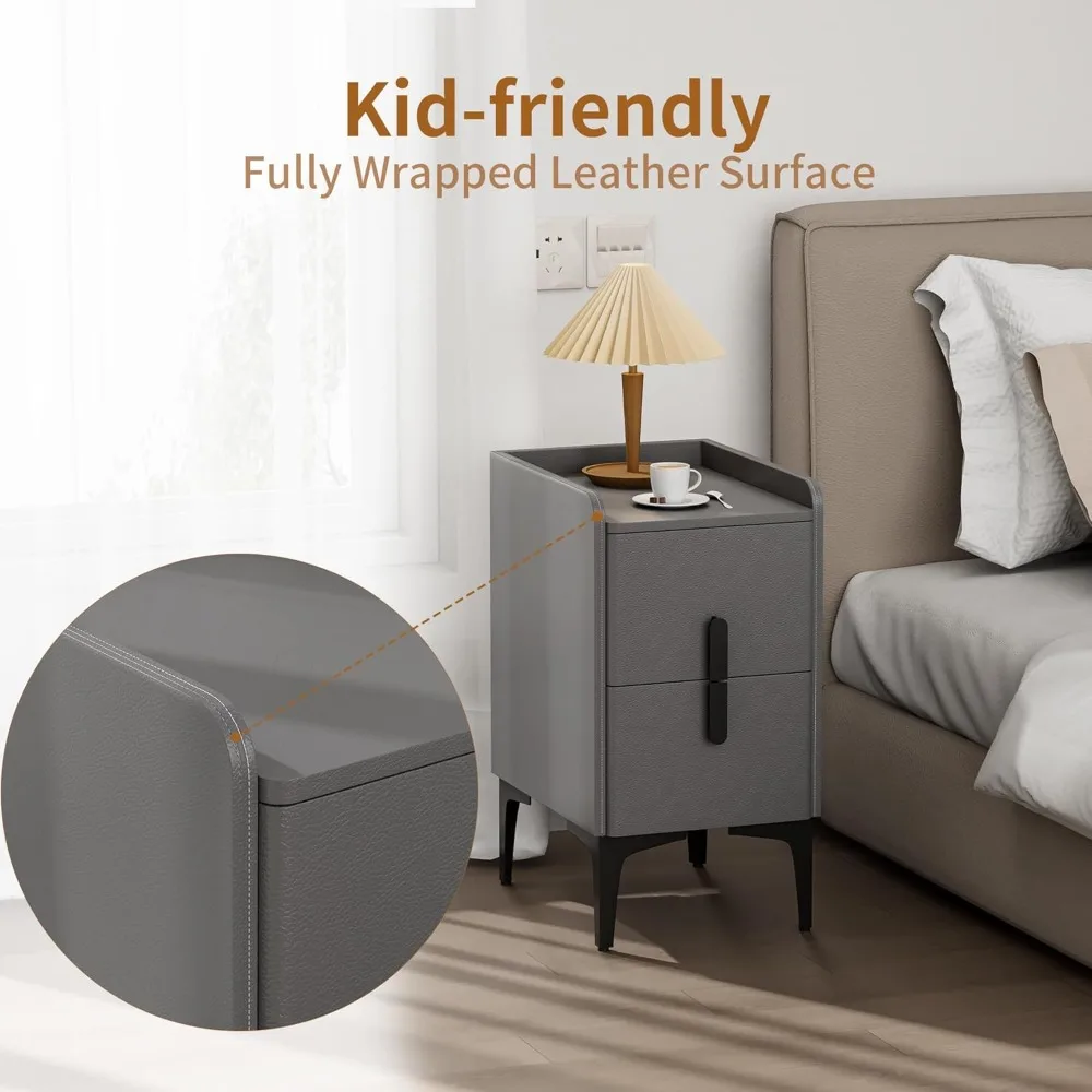 منضدة ضيقة مع درجين، سطح جلدي ضيق للطاولة الجانبية، طاولة بجانب السرير رفيعة لغرف النوم والمهاجع وغرف المعيشة #4