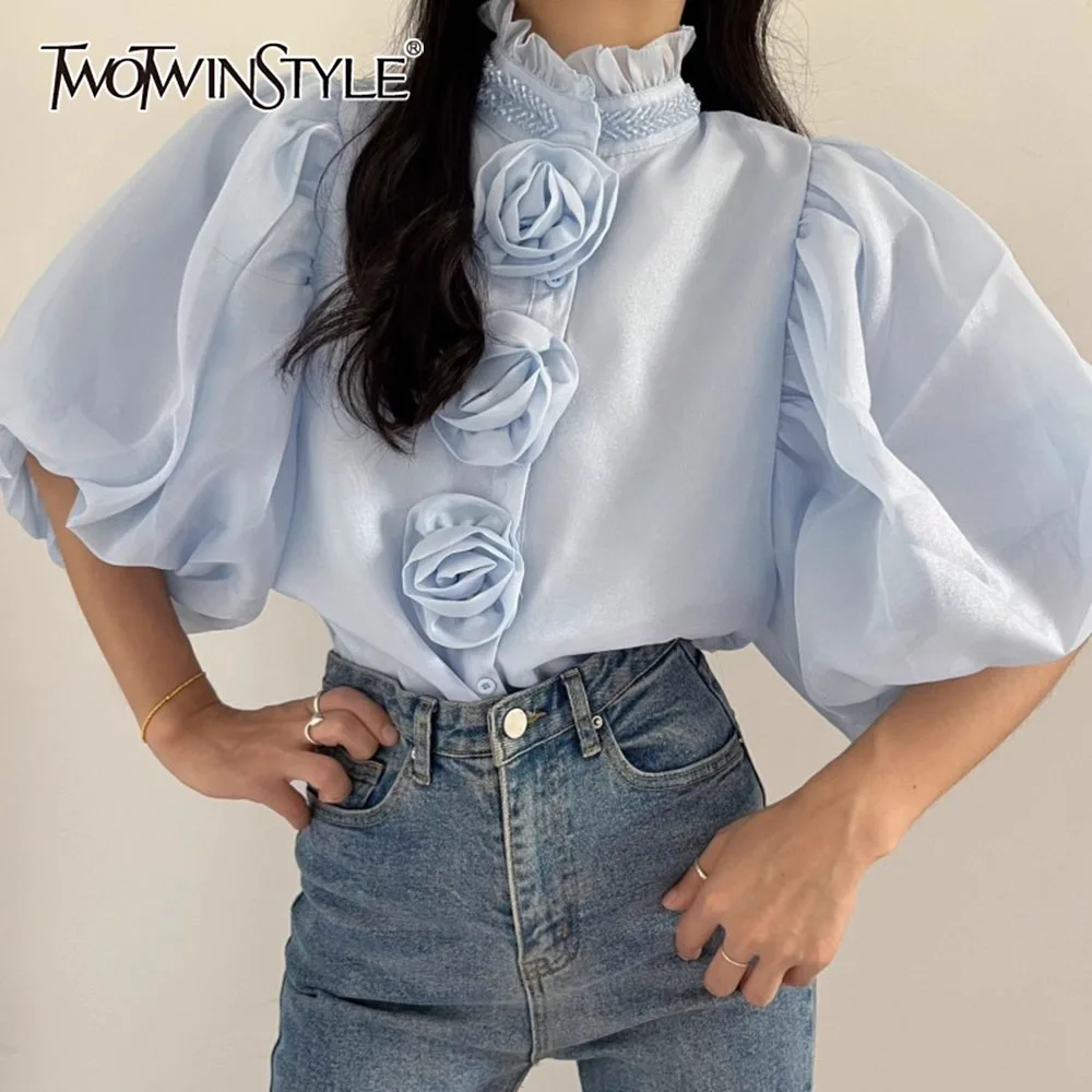 

TWOTWINSTYLE Solid Spliced Flower Shirt Female Turtleneck Short Sleeve Minimalist Women's Shirts Autumn Style Fashion Clothes