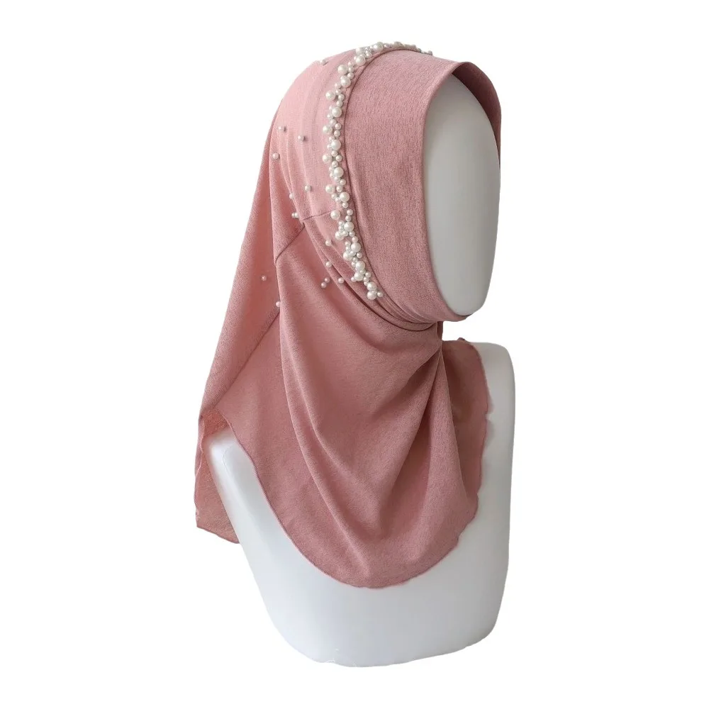 

Simple Solid Color Beads Hijab Quick Drying Stretchable Hijab Scarf Pull On Style Breathable Sun Protection Headscarf Girls