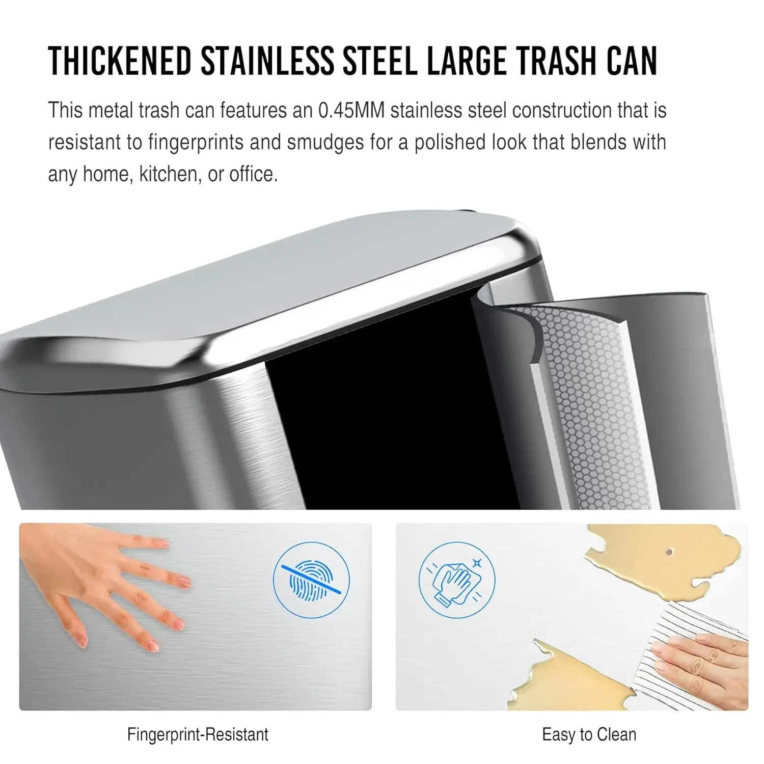 13 Gallon Stainless Steel Foot Pedal Trash Can with Soft Close Quiet Lid, Stainless-Steel Thickened Body Rectangular G
