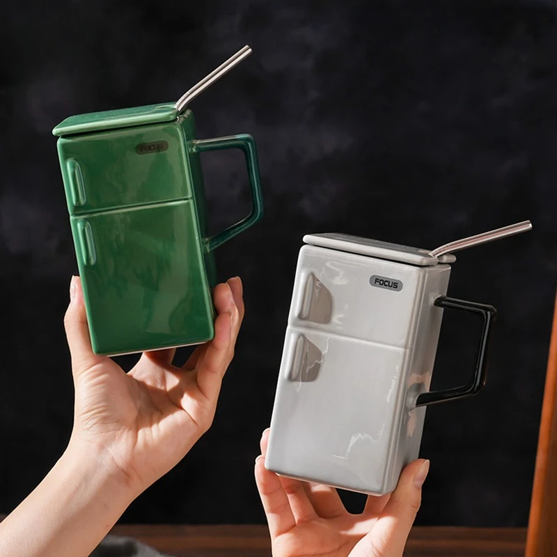 Ceramic Mug 550ml Creative Retro Fridge Shape with Covered Straw High Appearance Horizontal Portable Coffee Mug