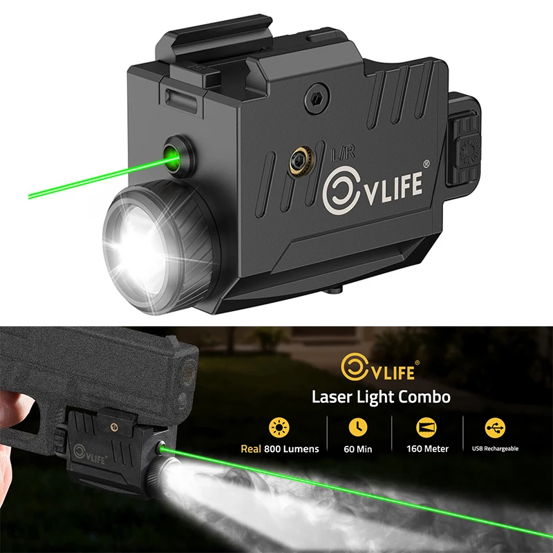 

CVLIFE 800 Lumens Pistol Tactical Flashlight Red / Green Laser Light Strobe Mode Rechargeable Compatible with G-lock & Picatinny