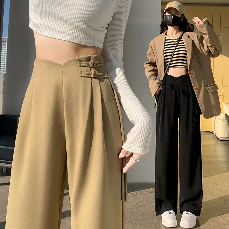 Khaki Straight Leg Casual Suit Pants Women's New Chinese Sle Buttoned Drape Small Size Autumn Wide Leg Trousers