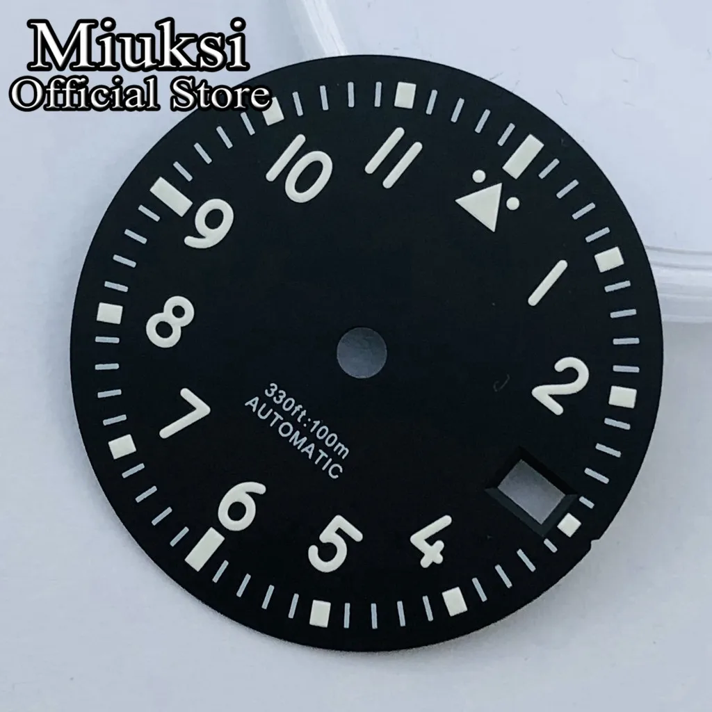 Miuksi 29mm black blue green white sterile watch dial luminous fit NH35 movement fit 3 o\'clock crown 3.8 o\'clock crown