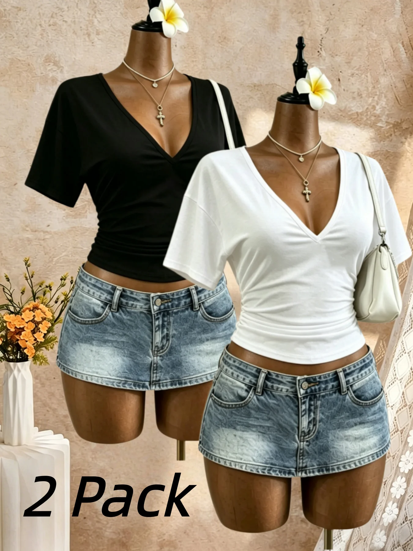2 Pack Multi-color Women Deep V Neck Drop Shoulder Short Sleeve Side Ruched Slim Fit Cropped T Shirt 2026 Summer Casual Going Ou