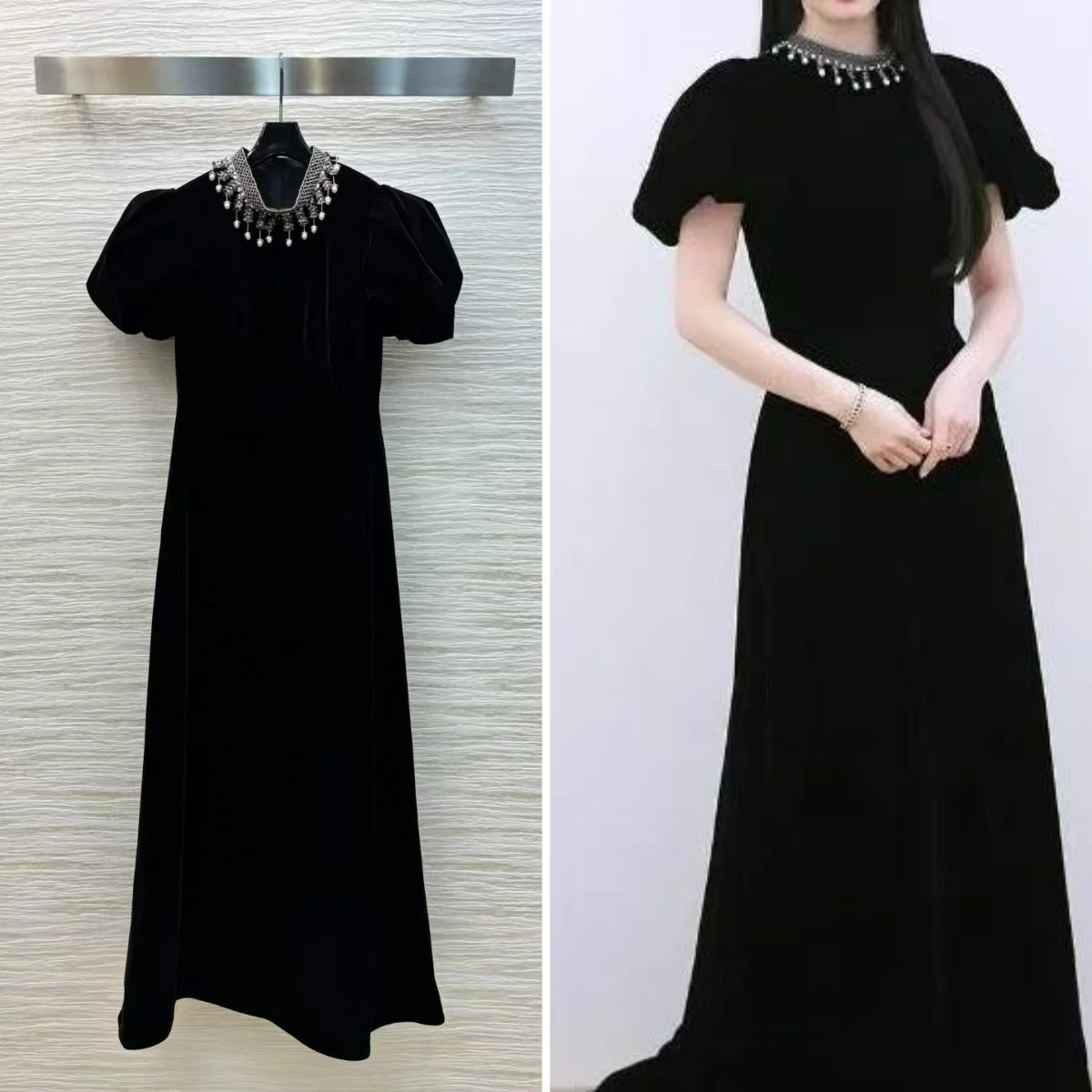 High end customized women's 2025 early spring standing collar velvet bubble sleeve long dress