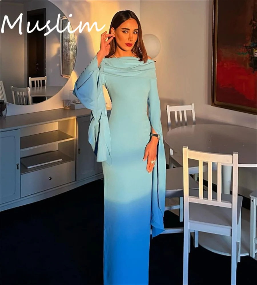 

Simple Blue Arabic Evening Dress Cap Sleeves Elegant Tight Floor Length Prom Dresses 2023 Night Formal Party Dinner Dress Dubai