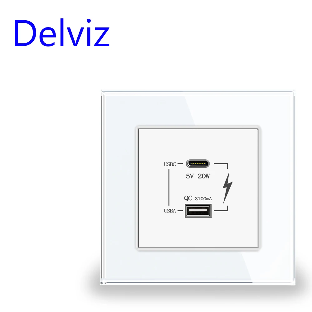 Delviz Type-C Interface Socket, 5V 3100mA USB Double port,Crystal Glass Panel, Wall Power USB Outlet, 20W Fast Charge USB Socket