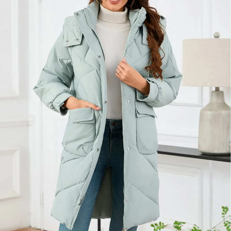 Women\'s New Mid to Long Length Cotton Jacket with Stand Up Collar and Hat Long Sleeved Warm and Slim Fit Cotton Shirt