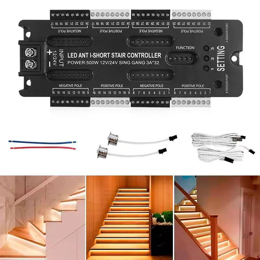 Ladder Night Light 32 Channels Stair LED Motion Sensor Light Prevent Short Circuit Controller DC12V/24V