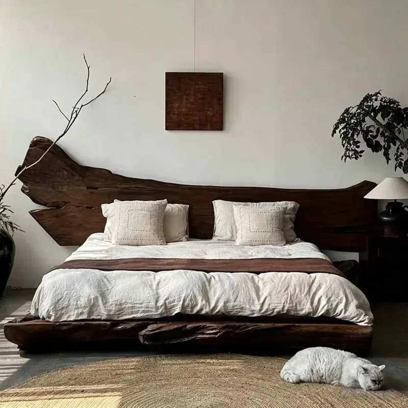 Solid Wood Bed for Hotel Villa Log Double Master Bedroom Tatami Wedding Simple Design
