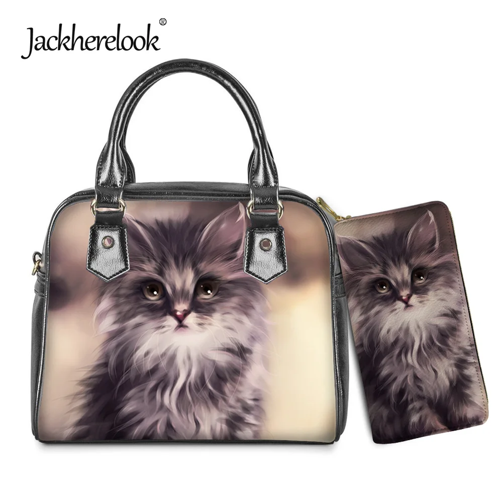 

Jackherelook 2Pcs/Set Kitten Art Women Luxury PU Leather Cross Body Bags Ladies Handbag Wallet Messenger Bag Bolso Mujer Gifts