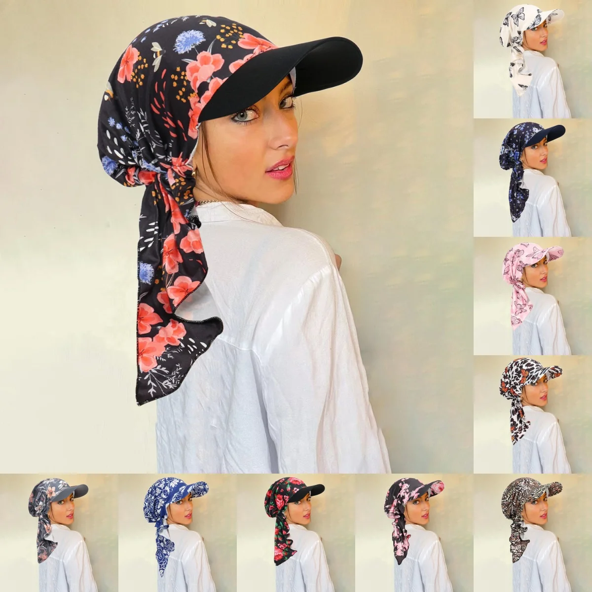 

Новинка 2025 года, мусульманский хиджаб с цветочным принтом, тюрбан, шляпа для женщин, бейсболка с козырьком, шляпы от солнца, платок, шарф, поля, женские шарфы, банданы