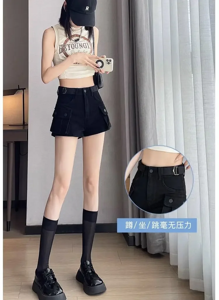 Women's Thin Denim Shorts High Waist Slimming A-line Wide Legs