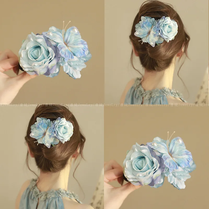

Blue flower hairpin spring new butterfly headgear vacation style high-end hairpin
