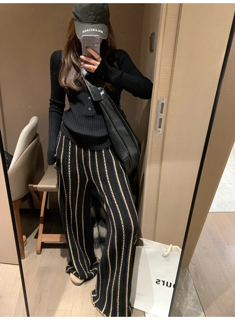 Women Wide Leg Knitted Pants Trousers 2025 Autumn High Waisted Straight Full-length Vintage Fashion Elegant Ladies Pants