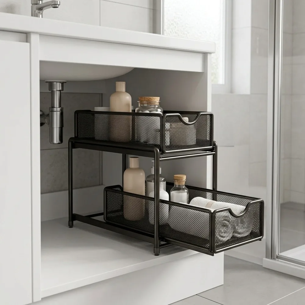 Sliding 2 Tier Under Sink Organizer Rack Telescoping Storage for Bathroom Cabinet Carbon Steel 32x20x7cm Cloud White
