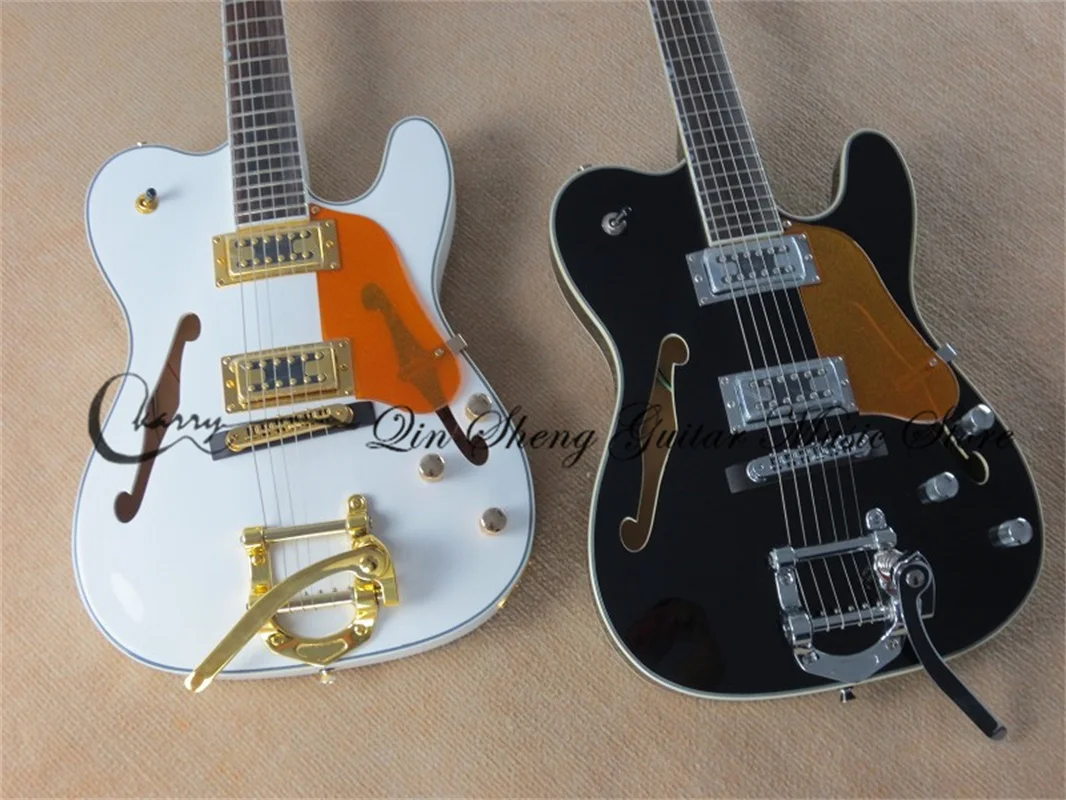 6 strings electric guitar Tel guitar,black semi hollow guitar,gold tremolo bridge ,HH pickups ,white binding