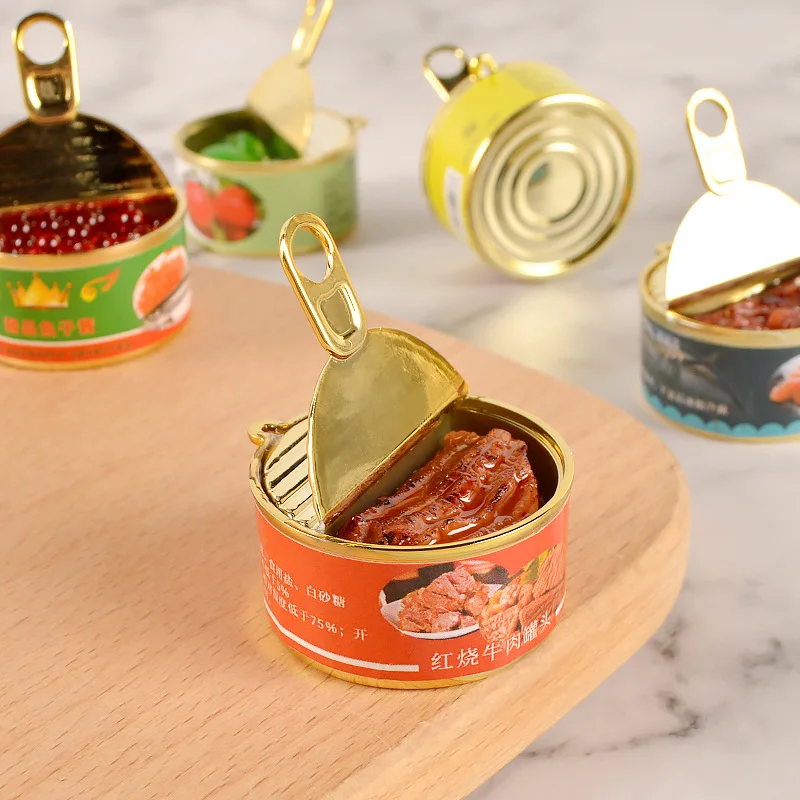 Simulated Canned Keychain Creative Caviar Beef Canned Prop Model Doll House Miniature Food Play Car Bag Pendant Ornaments Gift