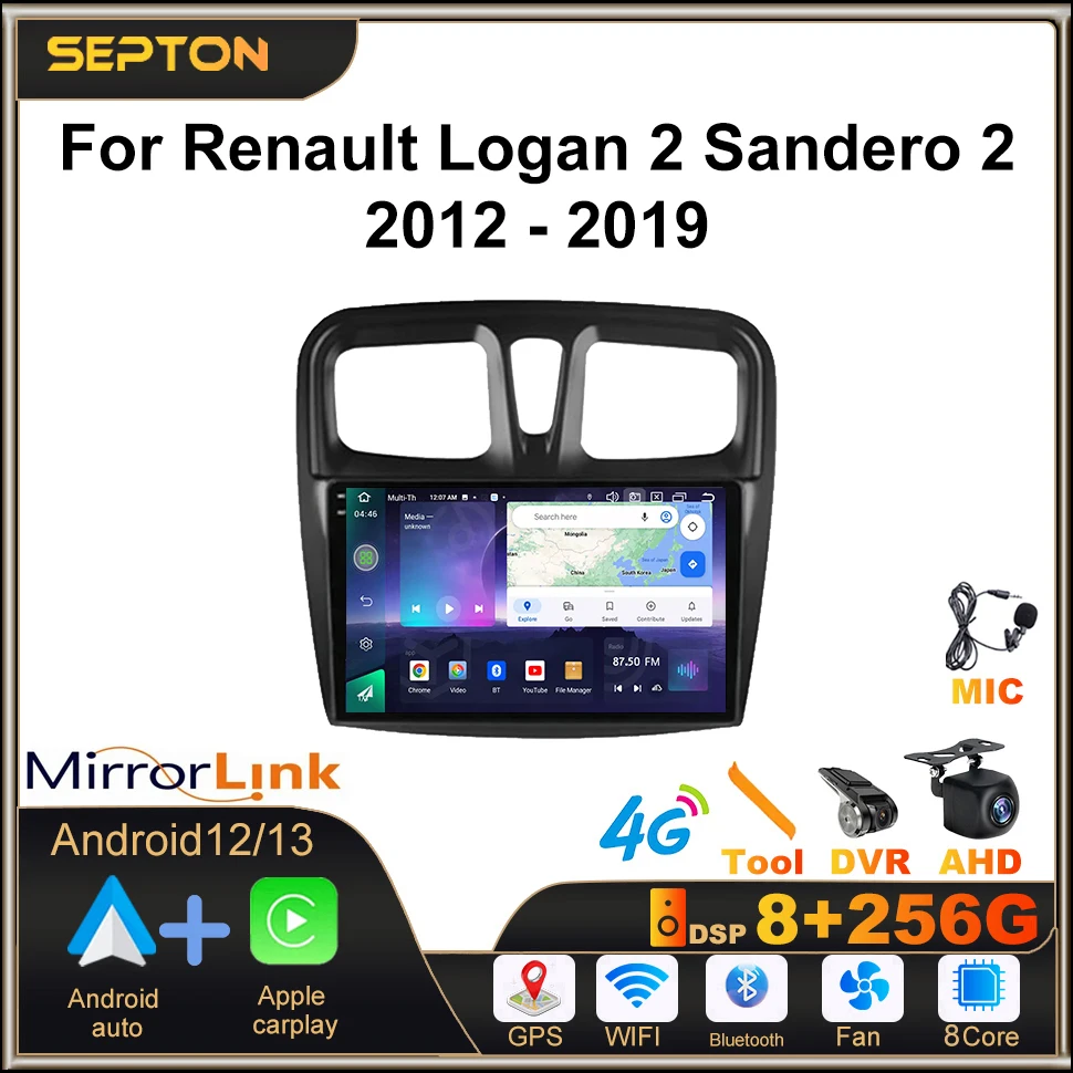 

Автомобильный радиоприемник SEPTON Android 12 для Renault Logan 2 Sandero 2 2012-2019, мультимедийный видеоплеер, стерео GPS, головное устройство 4G Wi-Fi 8 + 128G