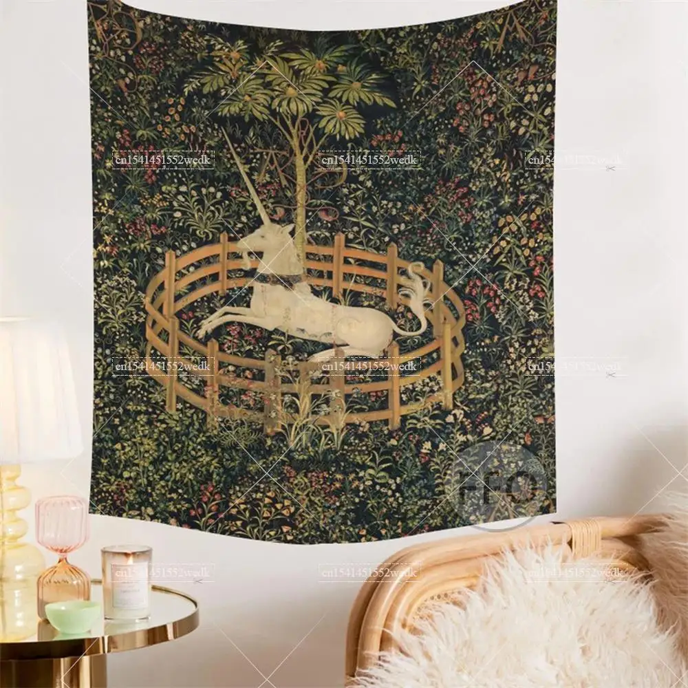 The Unicorn In Captivity Wall Tapestry Cover Beach Towel Picnic Yoga Mats Aesthetic Home Decoration Vintage Paintings For Room