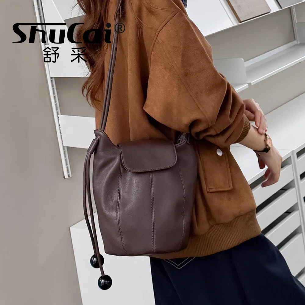 

Genuine Grade Cow Leather Women's Shoulder Crossbody Black Bag Luxury Designer Brand Cowhide Female Small Coffe Bucket Bags New