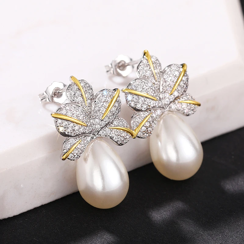 Huitan Two Tone Flower Pear Imitation Pearl Earrings for Women New Luxury Aesthetic Female Earrings Wedding Party Trendy Jewelry