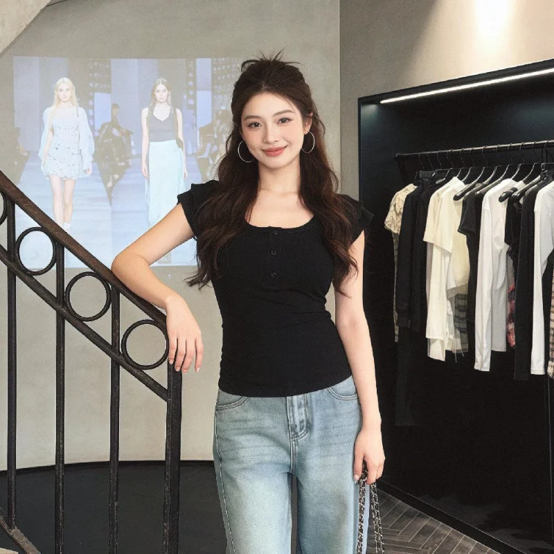 Black Elastic U-Neck T-Shirt Women Summer Button Decorative Slimming Daily Matched Top Fashionable Sleeveless Polyester Fabric