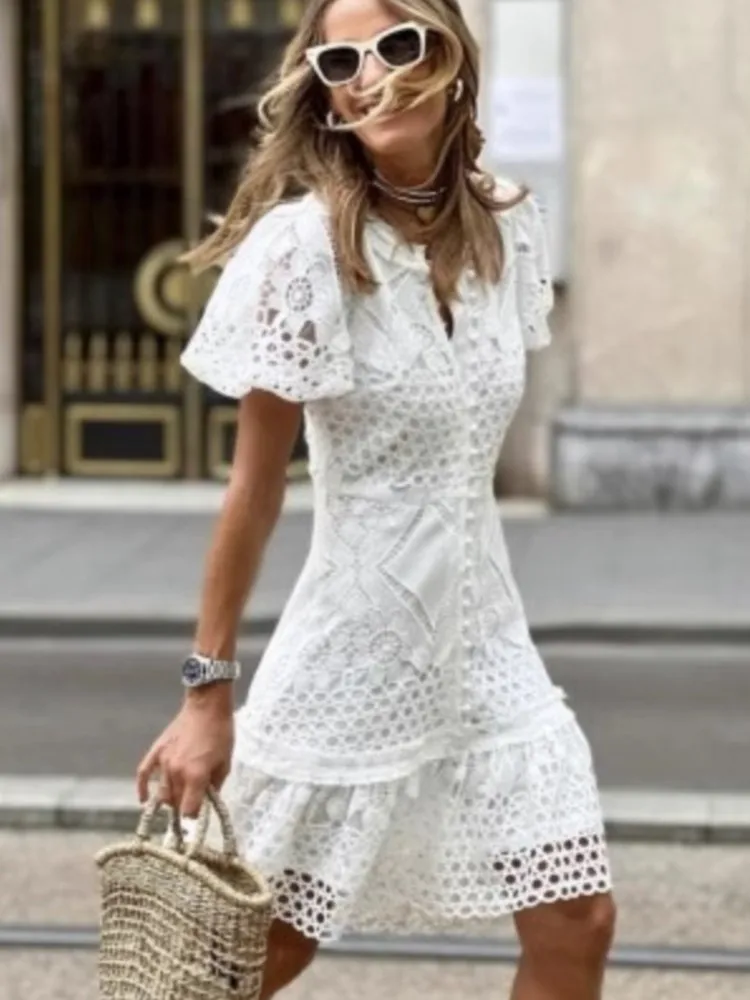 

Femme Fashion White Lace Dress Sexy Hollow Out Bodycon Short Dress Flare Sleeve A-line Summer Vestidos Elegant Button Down Dress