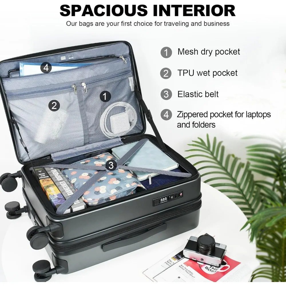 حقيبة ذات هيكل صلب قابلة للتوسيع مع عجلات دوارة، سعة كبيرة، قفل TSA، ومتانة للسفر