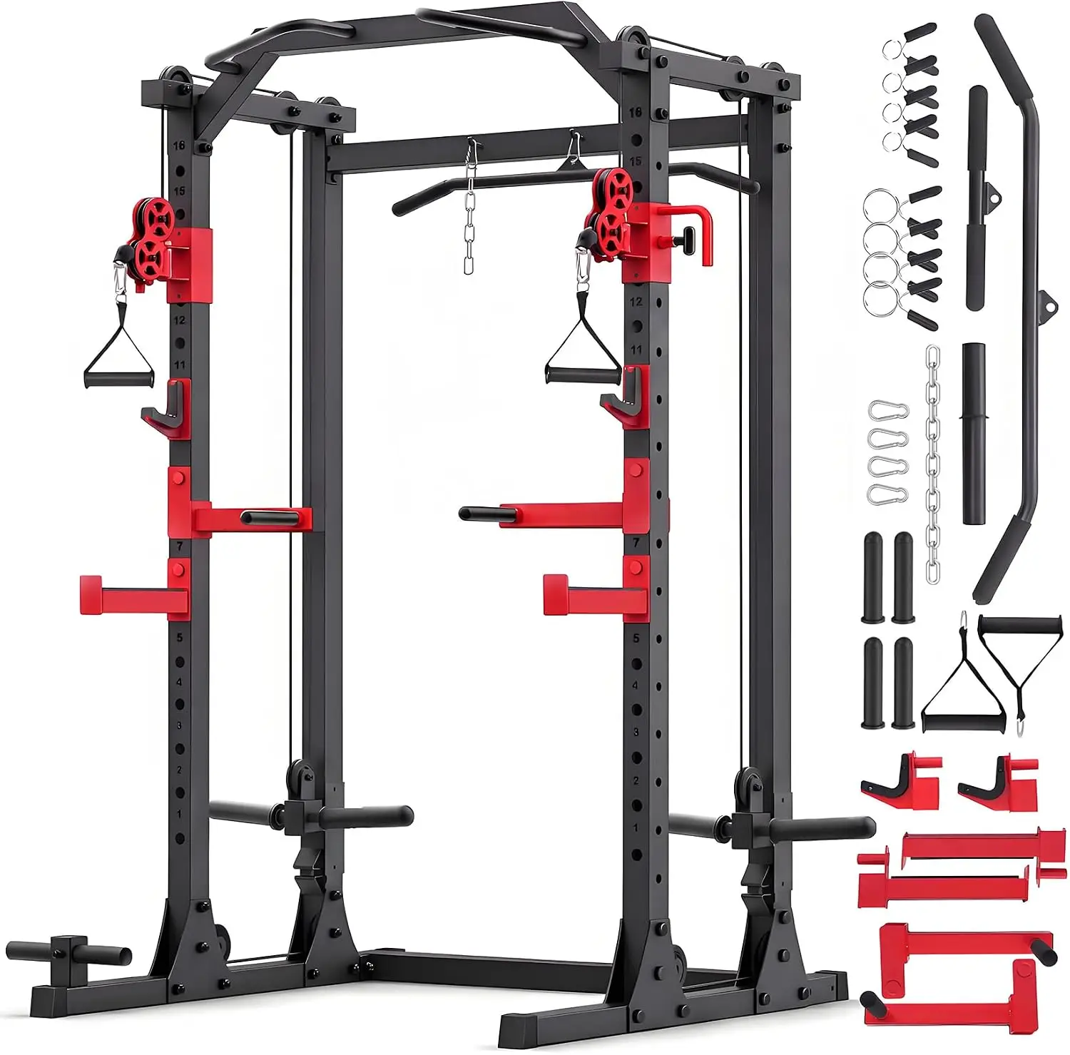 Home Gym Power Cage, 2000LBS Multi-Function Power Rack Equipped with Independent Dual Pulley Cable Crossover System, Squat Rack and LAT Pulldown, Safety Bar, J-Hooks, Pull-Up Bar, Dip Station