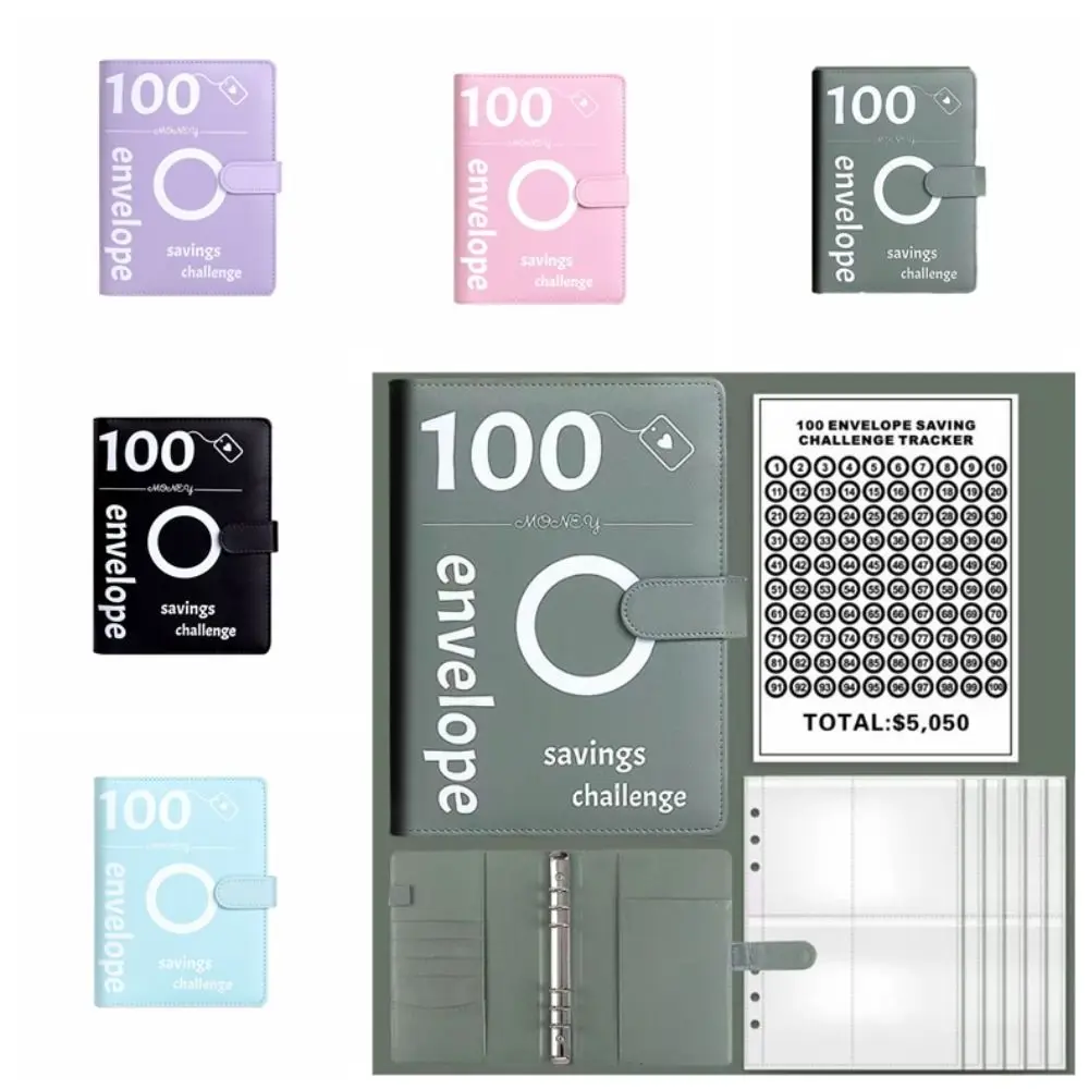 Send Stickers 100Envelope Challenge Binder PU Leather Stainless Steel Ring Savings Challenges Book 100Days Reusable