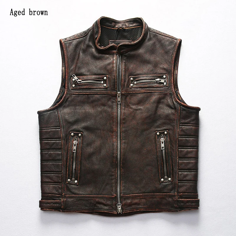 Black Genuine Leather Vest Men Motorcycle Brown Real Cowhide Slim Male Waistcoat Fashion Sleeveless Jackets