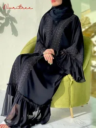 Moda pizzo cuciture musulmano Abaya Dubai Full Length Flare Sleeve Lace Abaya Dubai turchia musulmano Islam Robe con cintura WY1391