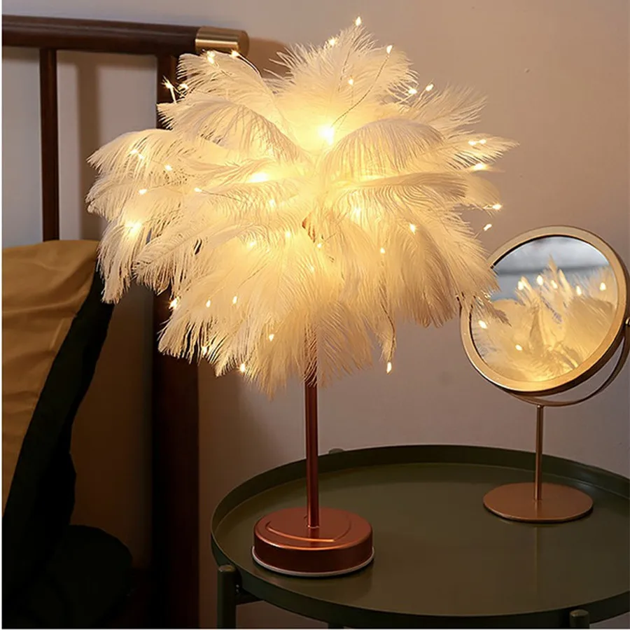 Home Bedroom Decoration Night Lights with Remote Control USB/AA Battery Powered LED Fairy Feather Table Lamps for Wedding Party