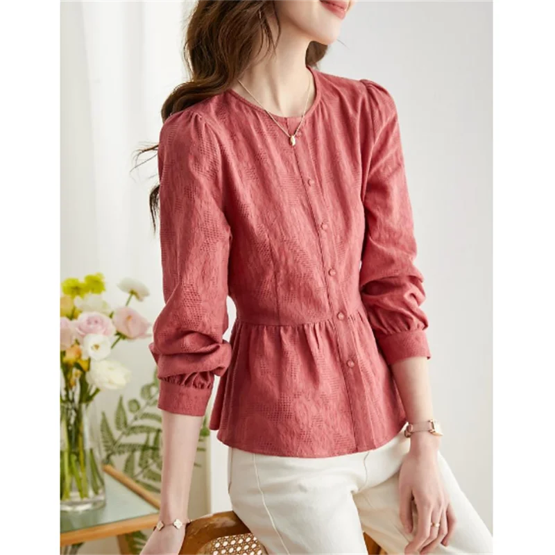 

Grace Blouse Women Shirt Platty Waist Top O-neck Long Sleeve Blous Cardigan Top Hollowing Out Solid Color Woman Clothes Shirt