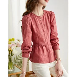 Grace Blouse Women Shirt Platty Waist Top O-neck Long Sleeve Blous Cardigan Top Hollowing Out Solid Color Woman Clothes Shirt