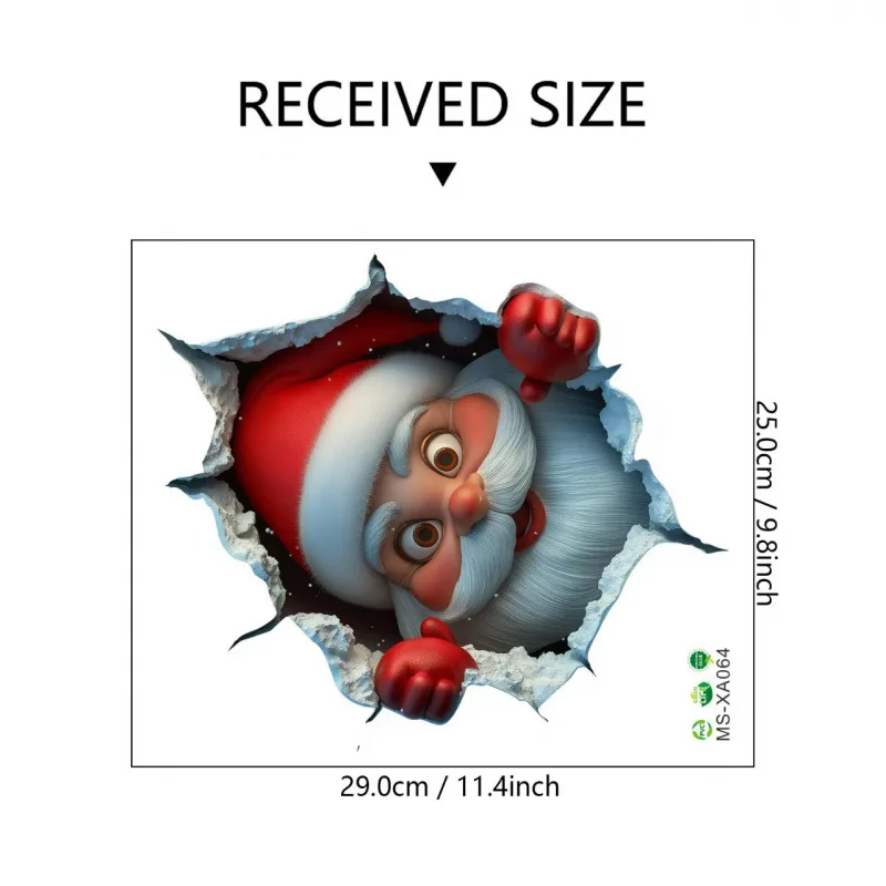 3D Breaking Wall Santa Claus Wall Sticker, Cartoon Christmas Door Room Decal, Funny Holiday Party Background Home Decor