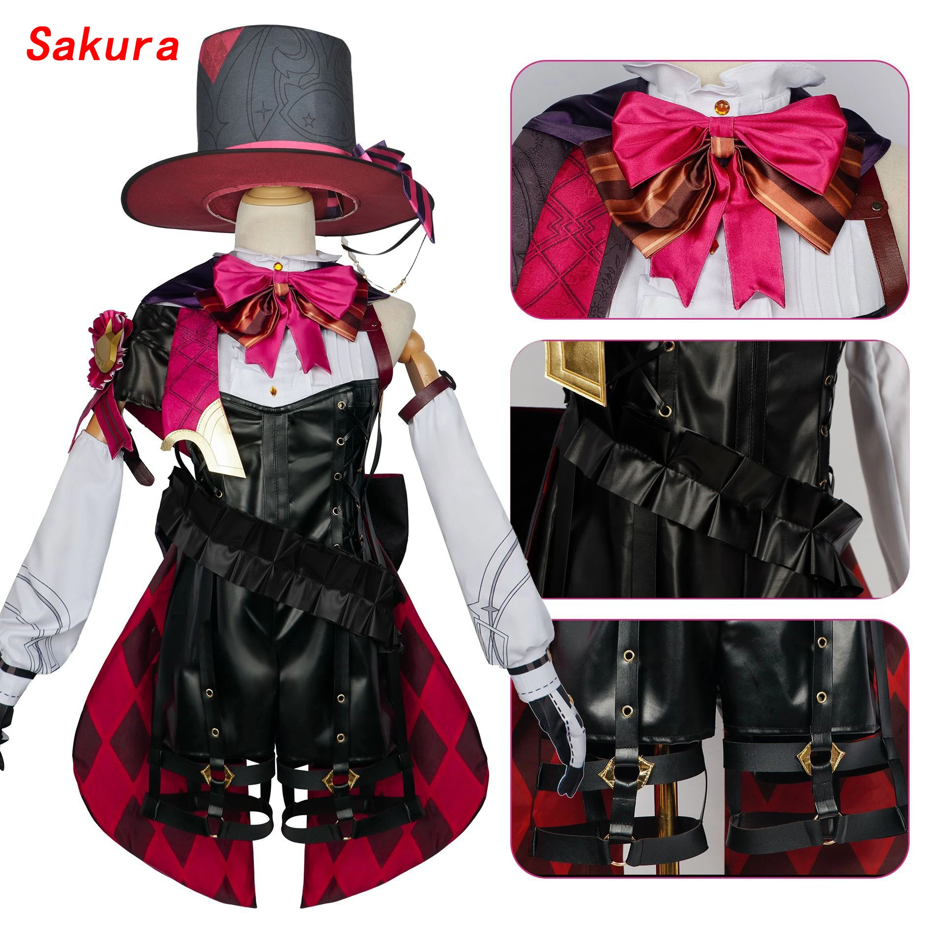 

Genshin Impact Lyney Cosplay Costume Wig Fontaine Lyney Leather Uniform Hat Dress Short Hair Skirt Glove Outfit Tail Magician