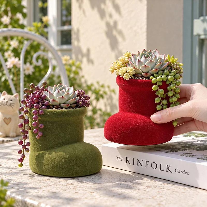 Resin Flocked Boot Succulent Flower Pot Cute Short Shoe Shape Planter Desktop Window Sill Tabletop Home Balcony Decor Gift