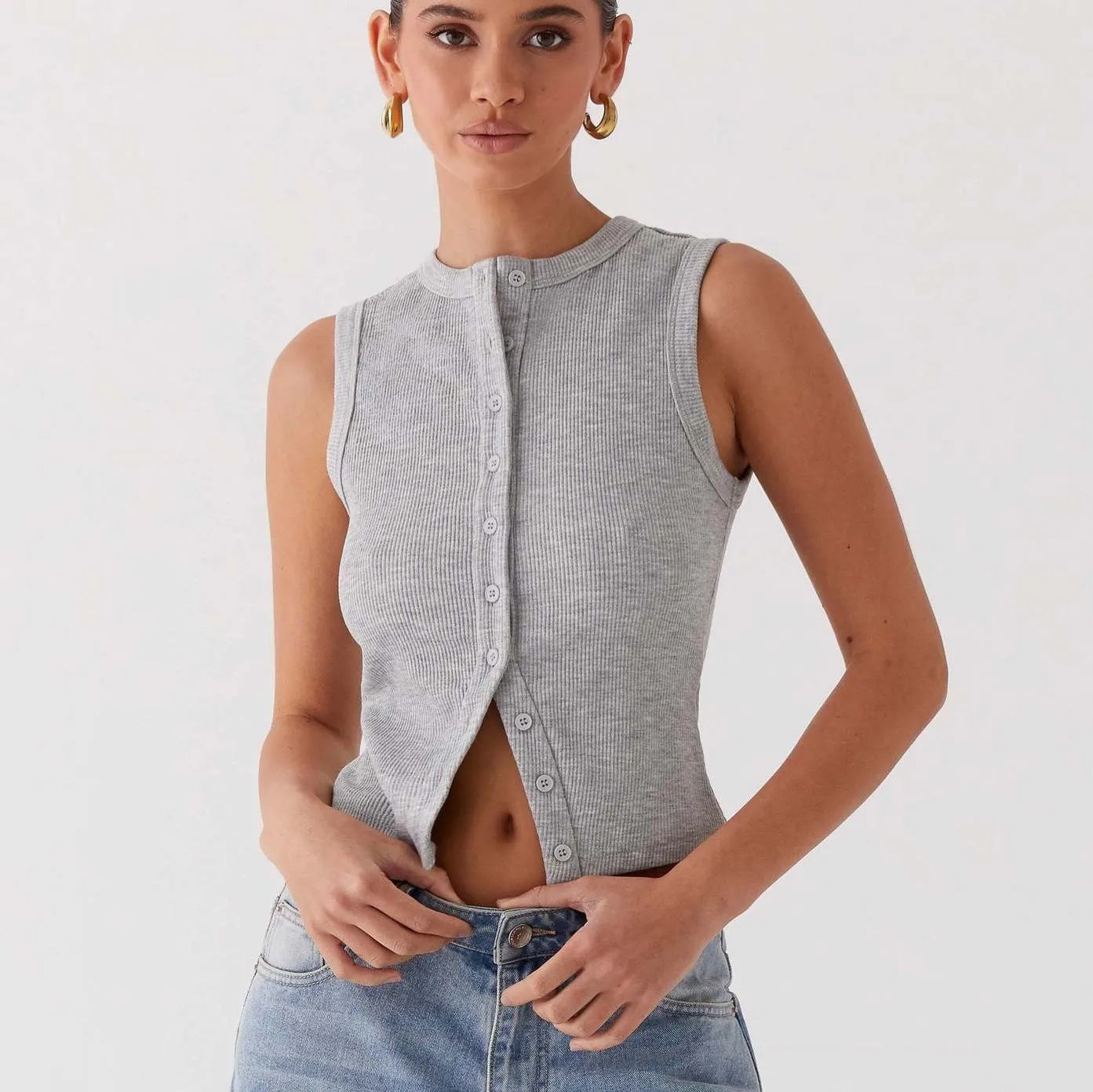 Women's Y2K Tank Top Slim Fit Ribbed Solid Color Round Neck Cotton Nylon Summer Button Detail Female Clothing Woman Clothes