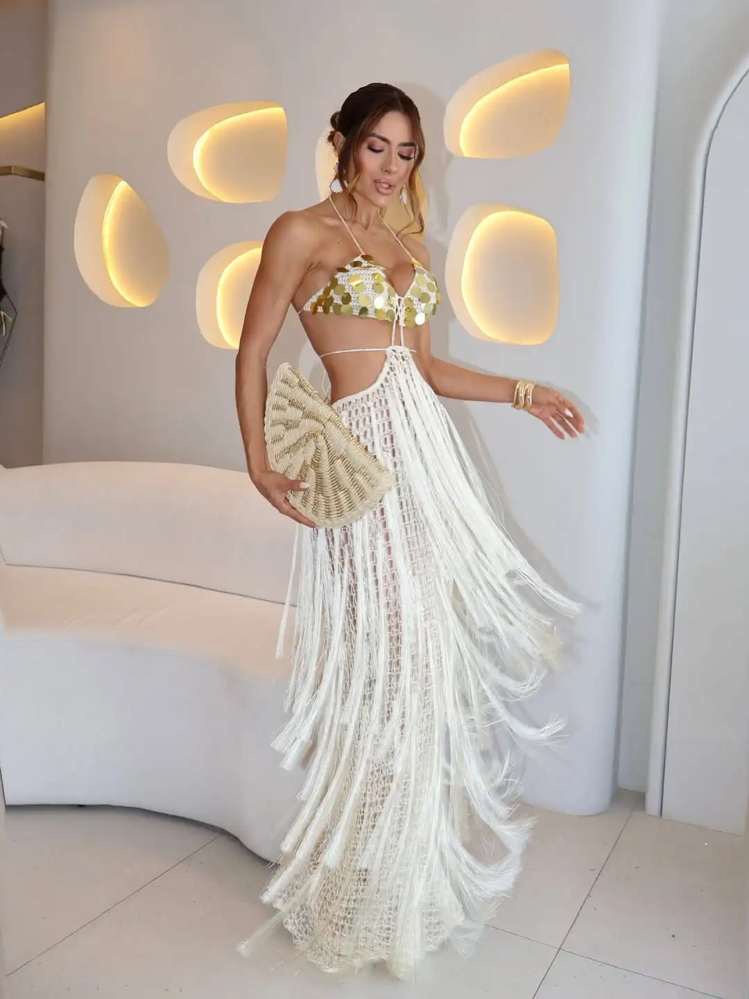 Neues Design, sexy Boho-Korsett mit großen Pailletten, Ausschnitt, Quasten, rückenfrei, bezaubernd, modisch, für Abend, Abschlussball, formelles Party-Strandkleid