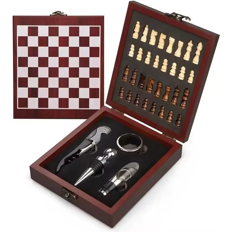 AB34-Wine Gift Box With Chess Set - With Wine Opener, Wine Stopper, Wine Pourer & Wine Drip Ring - Special Gift For Travel