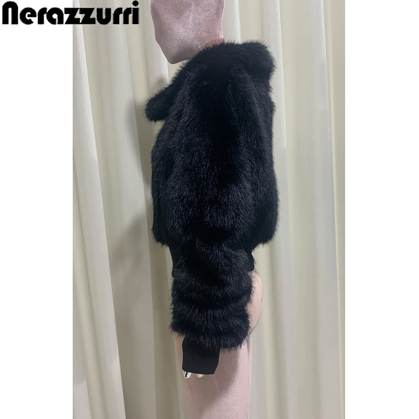 Nerazzurri Winter Short Fur Coat Black Long Sleeve Women's Autumn Winter High End Fake Fur Collar Eco Friendly Plush Jacket