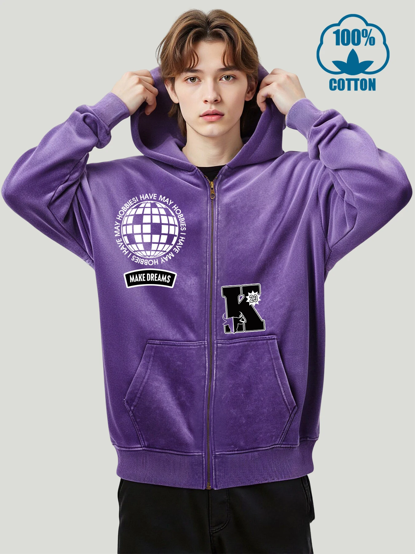 

Usa Letter K And Number 23 Man Washed Zipper Jackets Loose Fashion Hoody Cotton Distressed Hoodies Unisex Autumn Casual Clothes